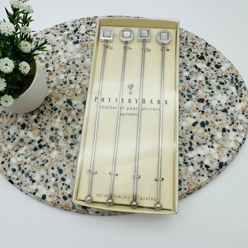 Pottery Barn Mother of Pearl Drink Stirrers‎ Set of 4 Silver Cocktail Agitators